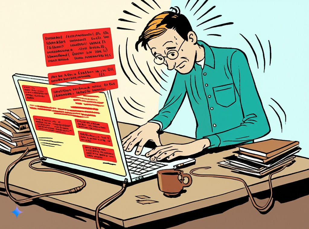 Man stressed by LaTeX errors on his laptop