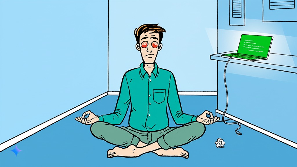Man unsuccessfully trying to meditate while distracted by his phone