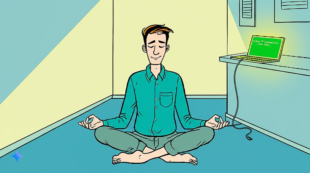 Man peacefully meditating with his laptop showing structured code nearby