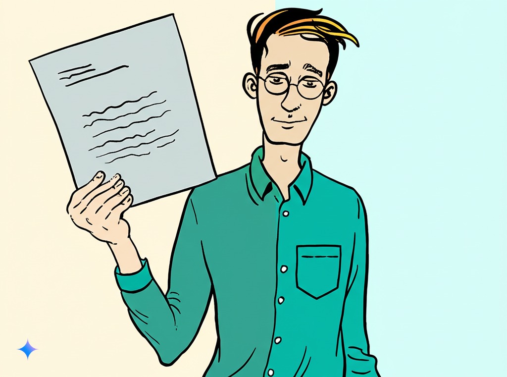 Man holding his completed dissertation with a relieved smile, split background showing chaos and calm