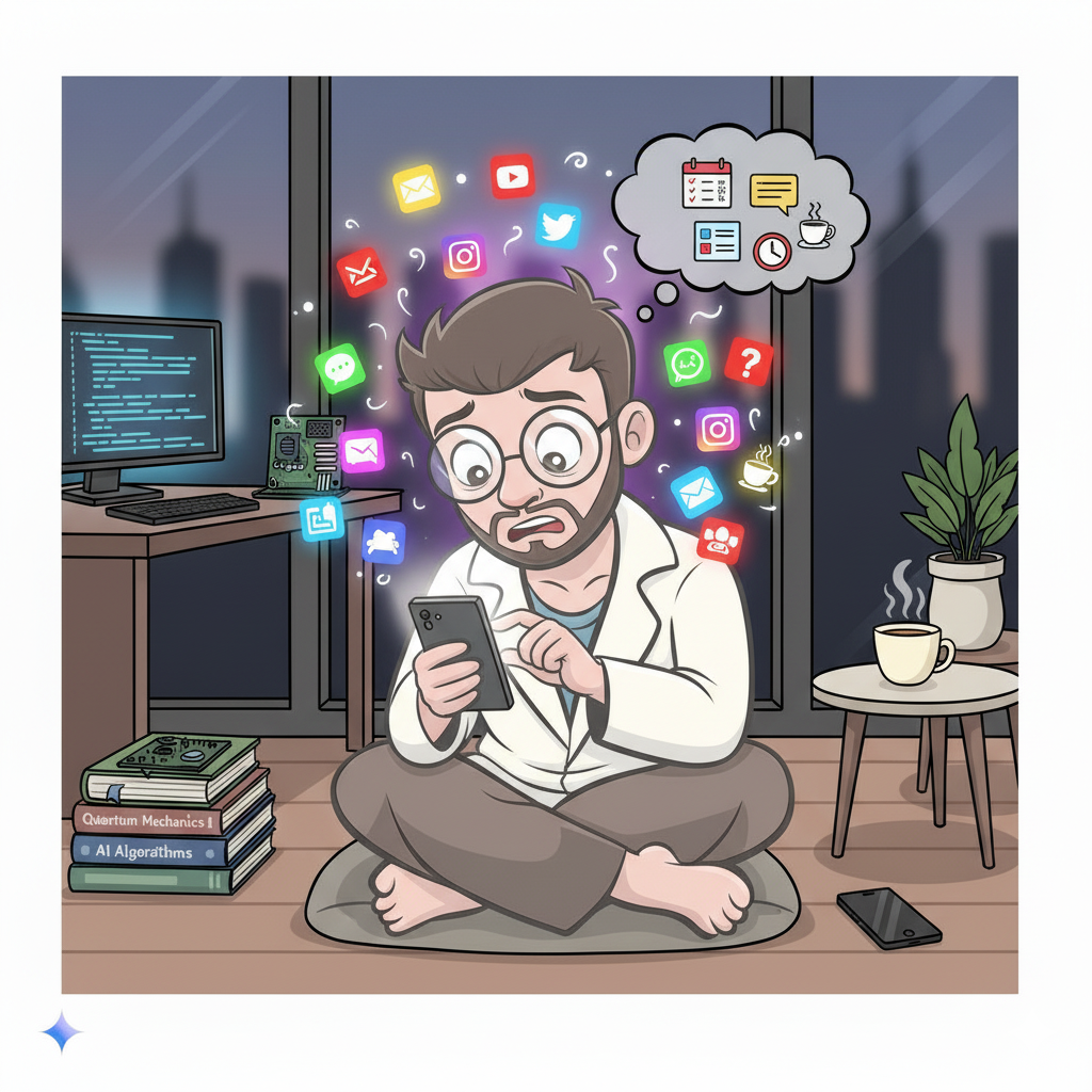 Person with their phone, stressed by it instead of meditating