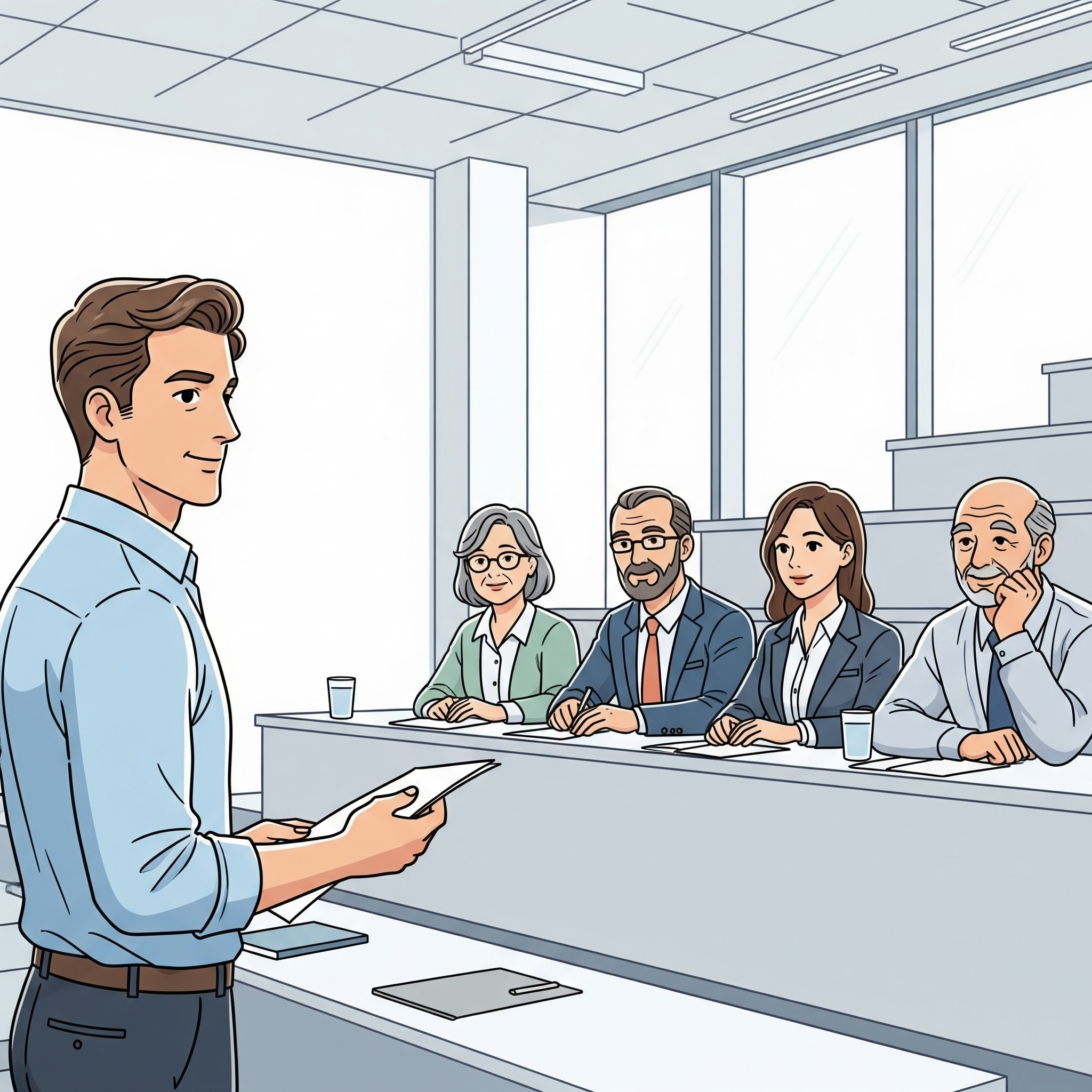 A clean, modern illustration showing a man in his mid-30s presenting in front of a panel of four university professors. The man looks focused but calm. The professors are listening intently in a modern lecture room. The style is consistent with the blog's aesthetic.