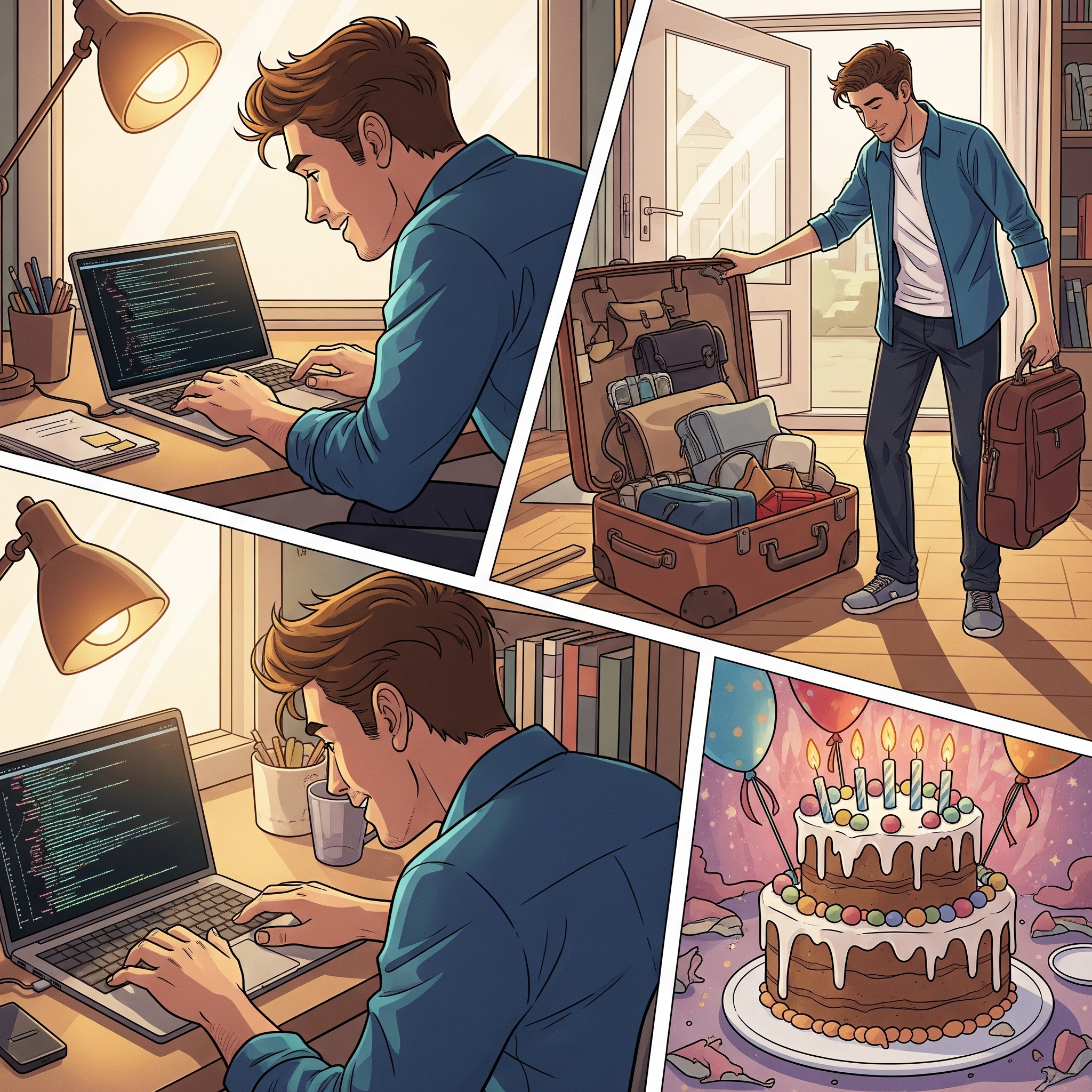 A montage-style illustration showing a man in a whirlwind of activity. One part of the image shows him at a desk with a laptop displaying code, another part shows him packing a suitcase, and a third part shows a birthday cake and decorations. The overall feeling is busy but positive.