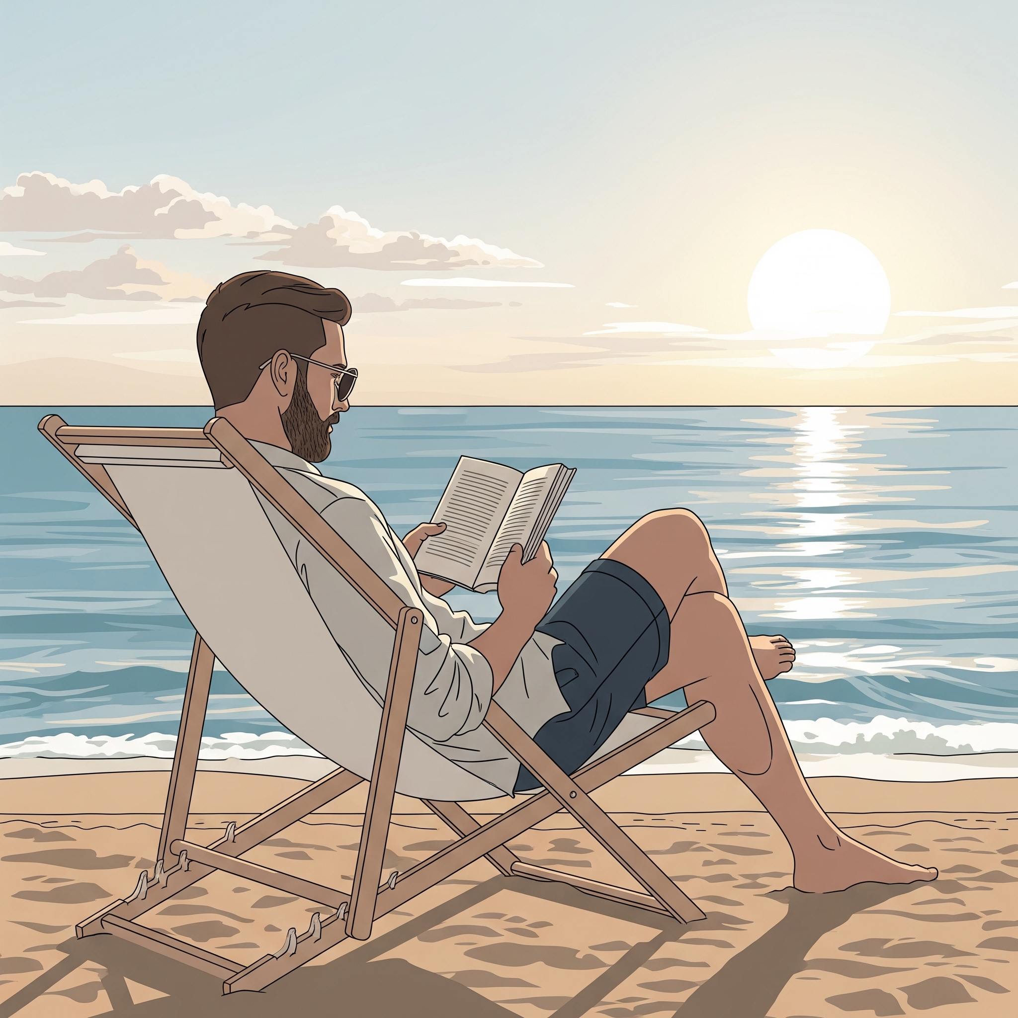 A serene illustration of a man sitting peacefully on a beach chair in the south of France, reading a book. The ocean is calm in the background, and the sun is setting, creating a warm, peaceful atmosphere. The style is clean and modern.